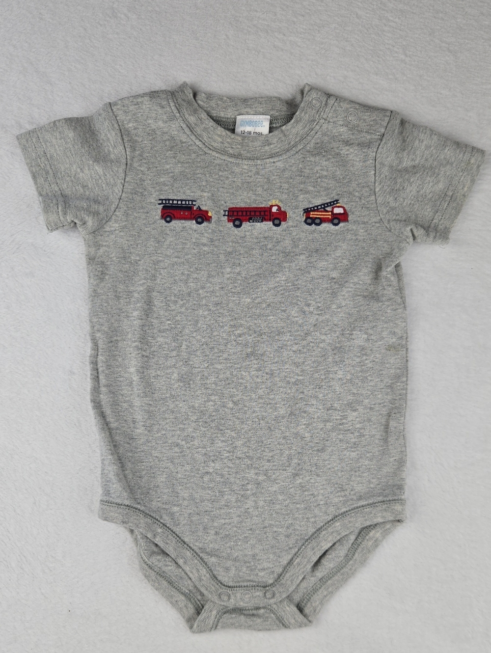 Gymboree Fire Engine Onesie Size 12-18 Snaps Gray Fire Truck